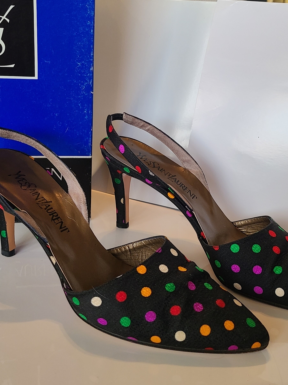 Yves Saint Laurent Black Multicolor Polka Dot Slingbacks